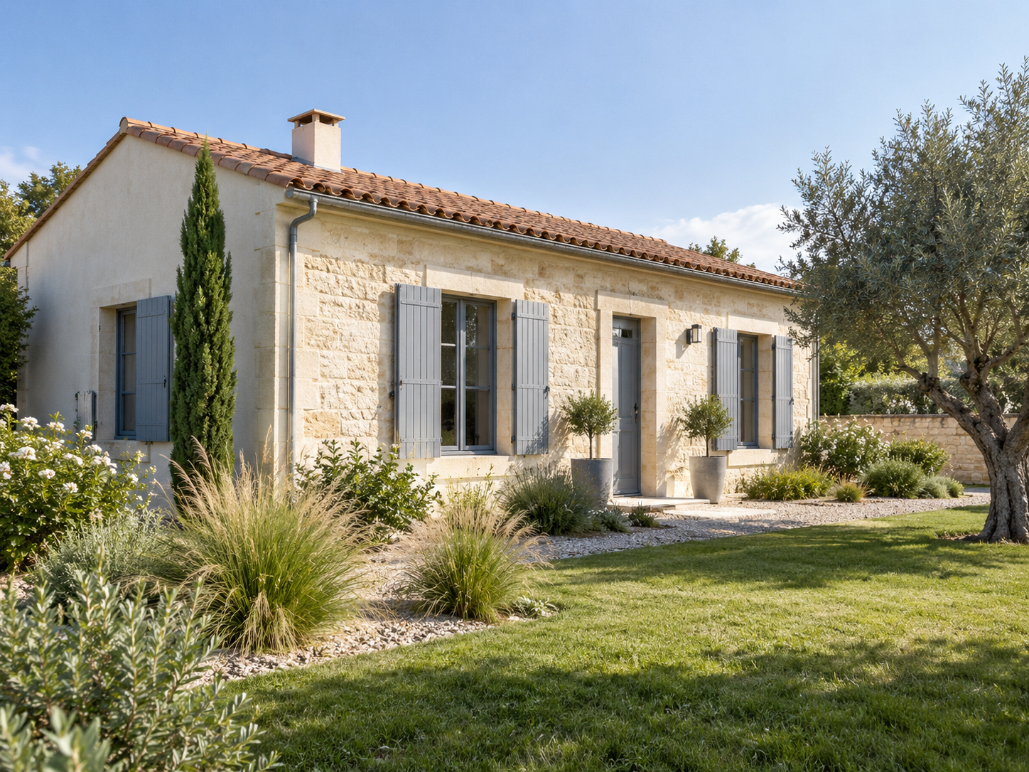 Illustration d’une maison aux murs clairs et aux volets bleus
